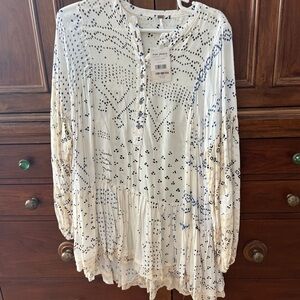 Free People Cream and Blue Shibori Tunic